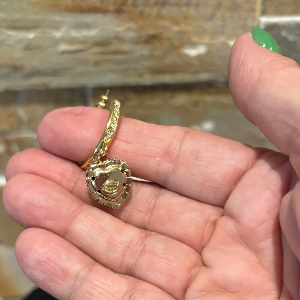 Gold-Tone Heart Drop Earrings with Black Enamel and Crystals - Picture 5 of 5